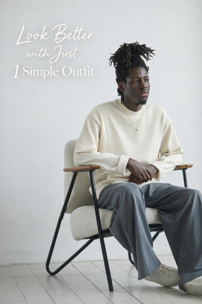 minimal outfit for men with neutral tones, cream top and gray wide pants casual clean style