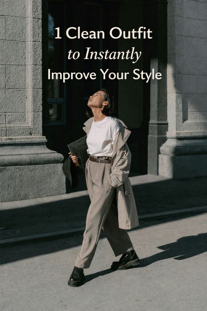 clean minimal outfit men with beige trench coat white t shirt and tailored pants modern street style