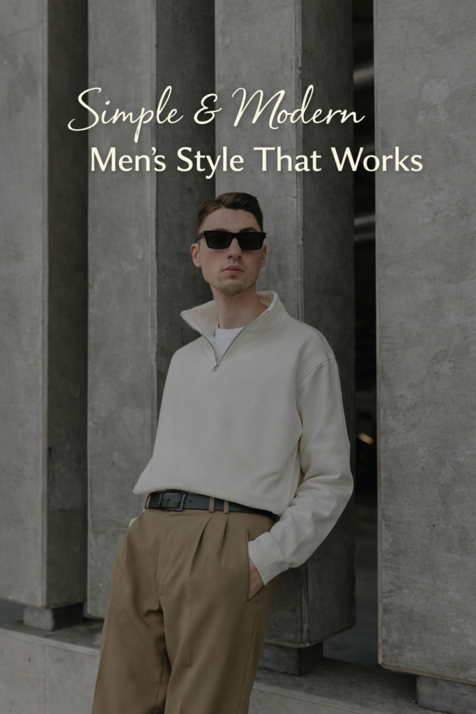 modern minimal mens outfit with neutral tones and tailored trousers clean smart casual style