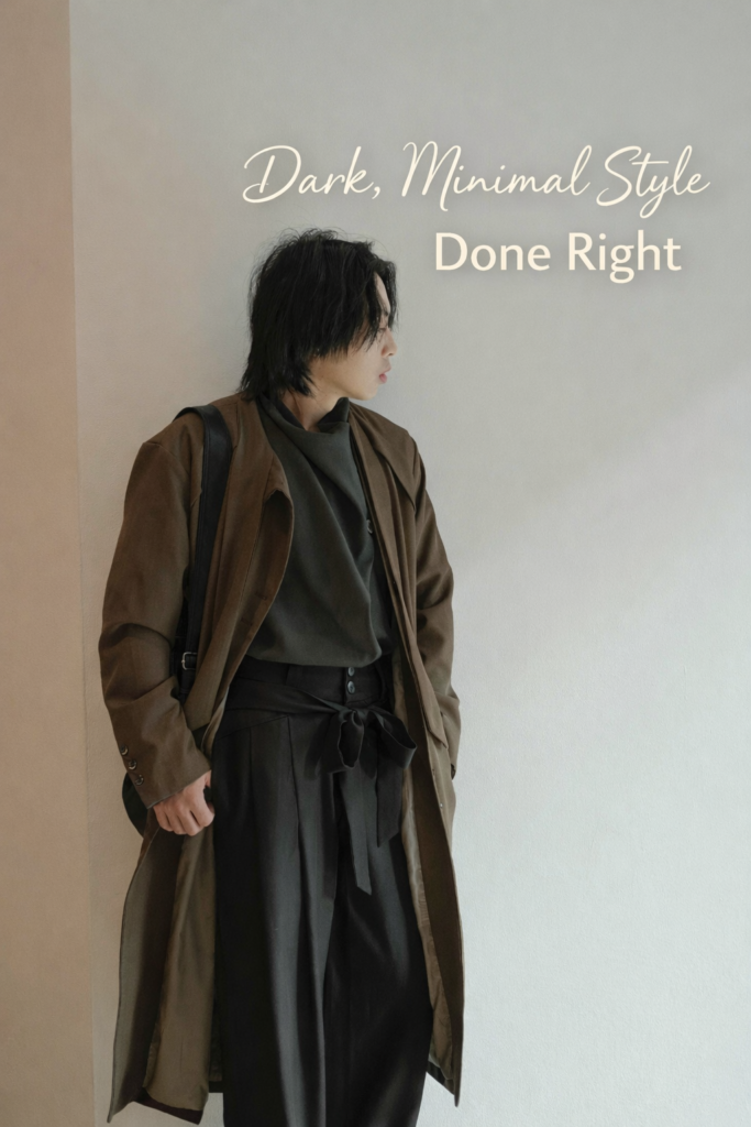 dark minimal outfit men with layered styling black and brown tones aesthetic modern fashion
