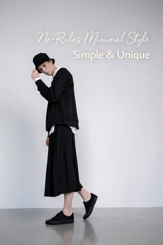 unique minimal outfit men with all black styling wide silhouette modern street fashion