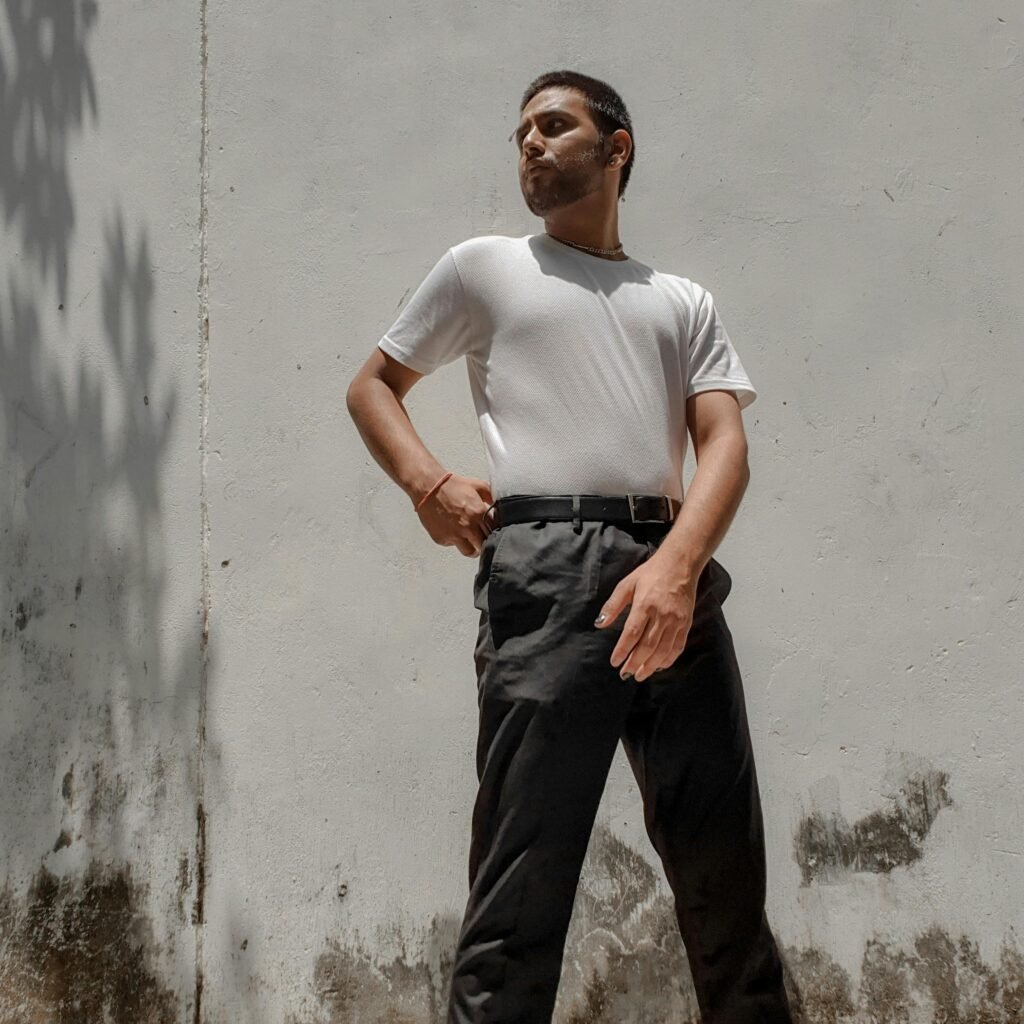 white t shirt black trousers outfit men minimal clean summer outfit