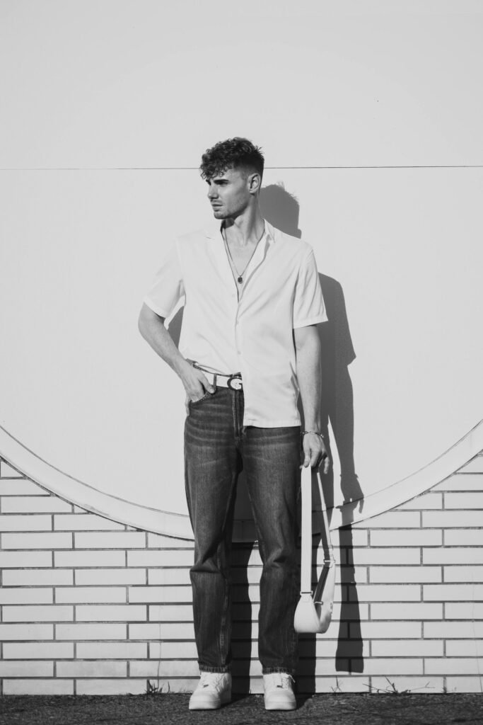 short sleeve shirt denim outfit men relaxed minimal summer casual look