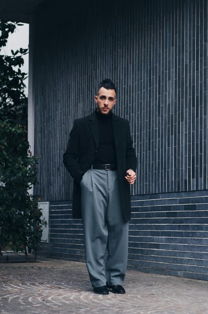 minimal coat turtleneck outfit men wide trousers winter smart casual style