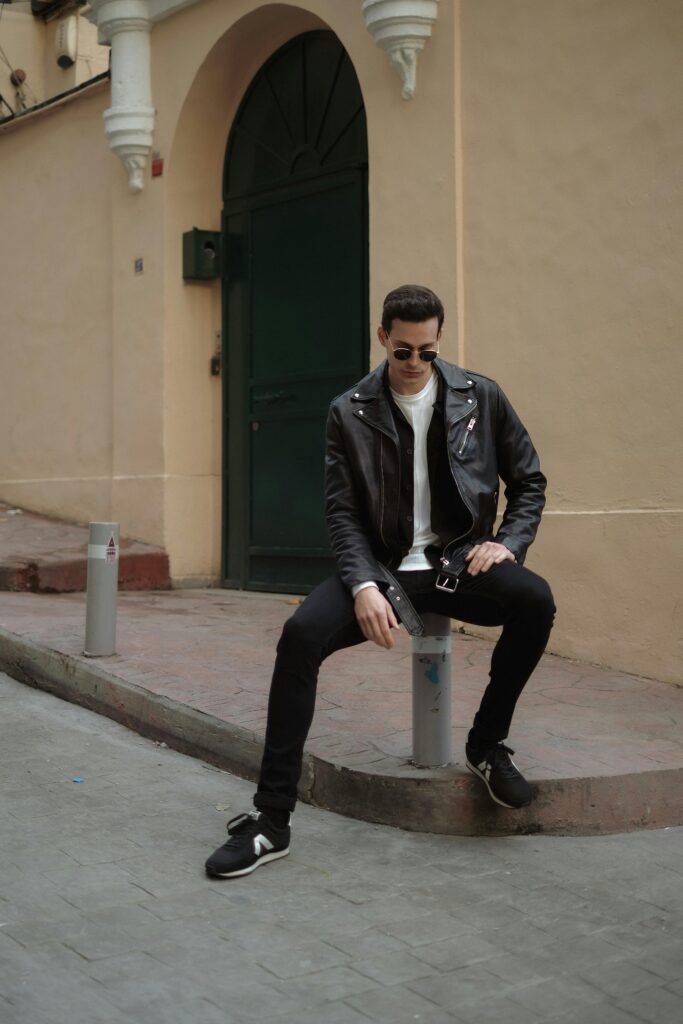 minimal men’s outfits leather jacket black jeans street style