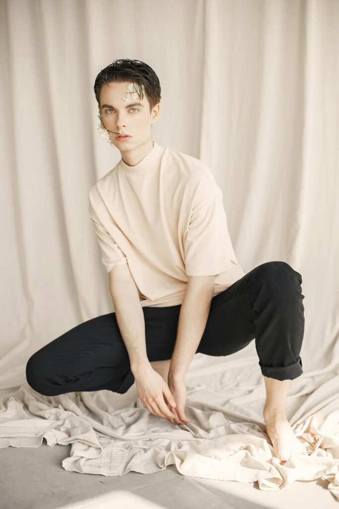 beige minimal spring outfit men clean soft boy style